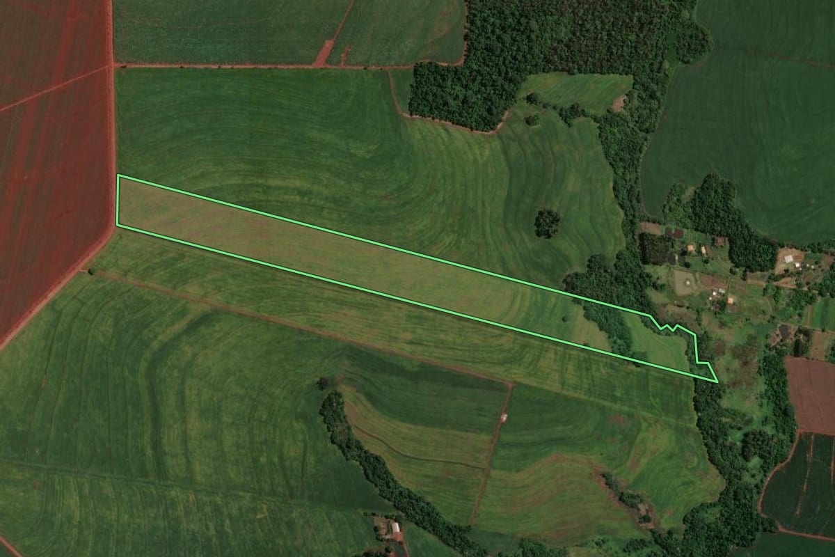 Imagem de satélite do imóvel rural em Maringá (PR), com o contorno declarado no CAR desenhado por cima.