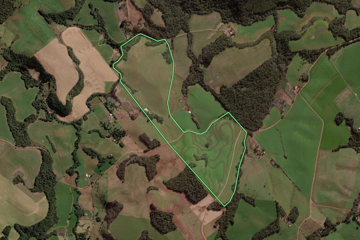 Imagem de satélite do imóvel rural em Mariópolis (PR), com o contorno declarado no CAR desenhado por cima.
