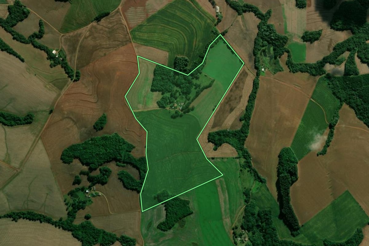 Imagem de satélite do imóvel rural em Mariópolis (PR), com o contorno declarado no CAR desenhado por cima.