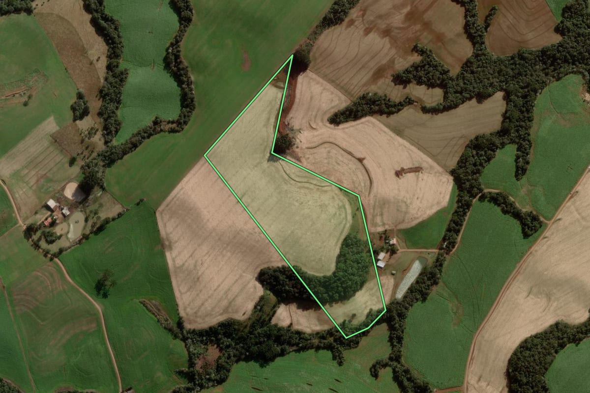 Imagem de satélite do imóvel rural em Mariópolis (PR), com o contorno declarado no CAR desenhado por cima.