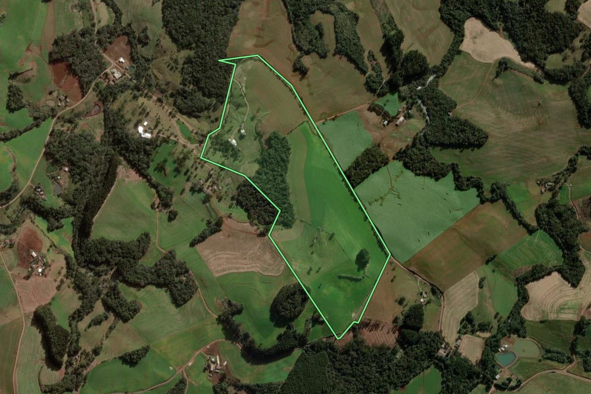 Imagem de satélite do imóvel rural em Mariópolis (PR), com o contorno declarado no CAR desenhado por cima.