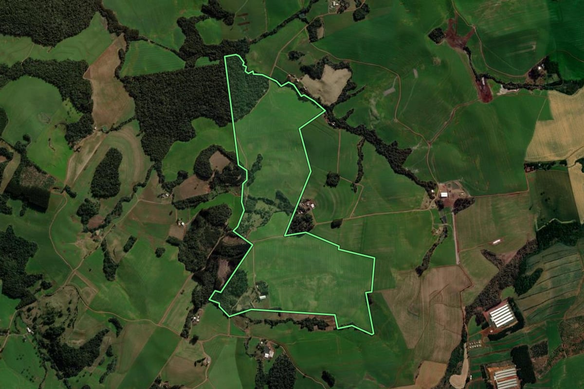 Imagem de satélite do imóvel rural em Mariópolis (PR), com o contorno declarado no CAR desenhado por cima.