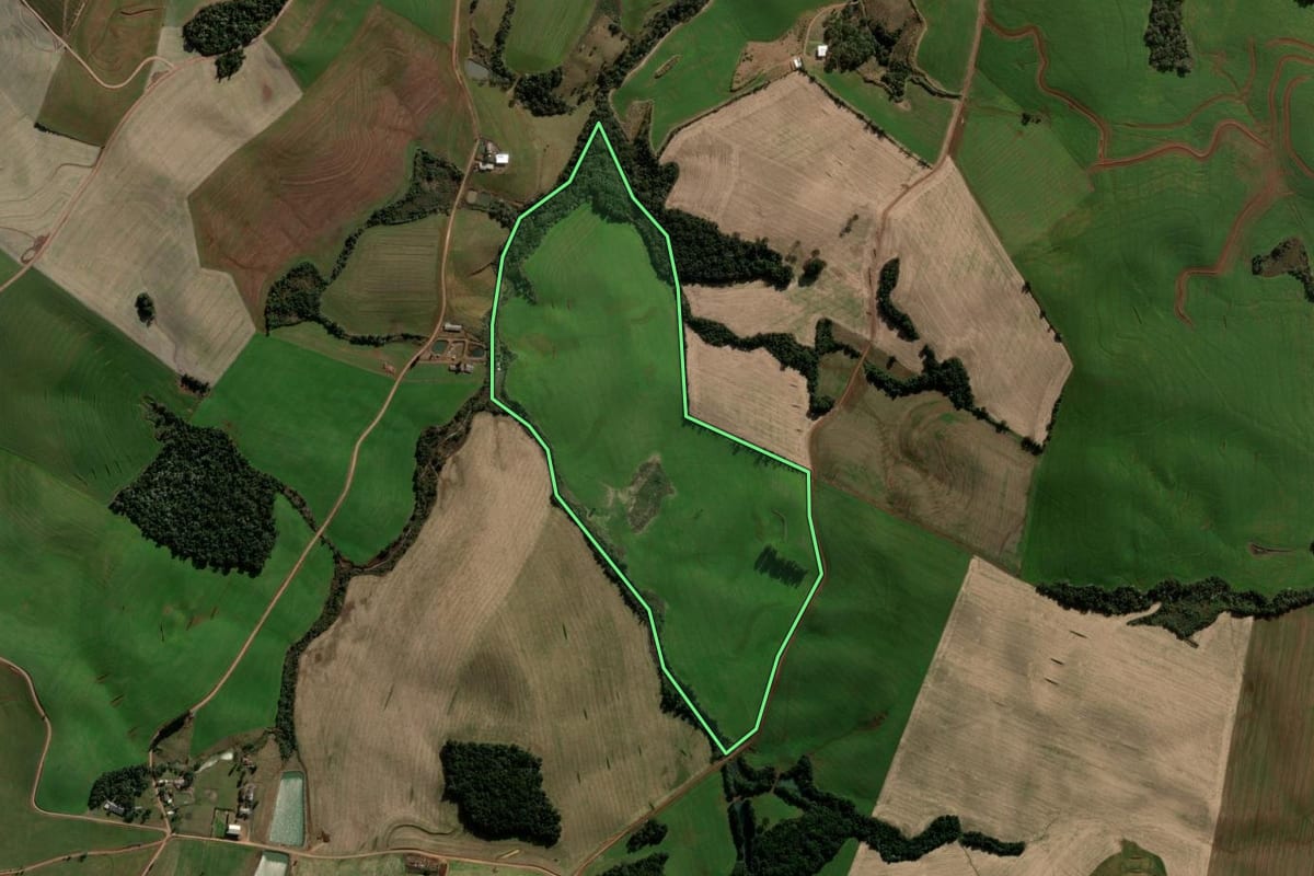 Imagem de satélite do imóvel rural em Mariópolis (PR), com o contorno declarado no CAR desenhado por cima.