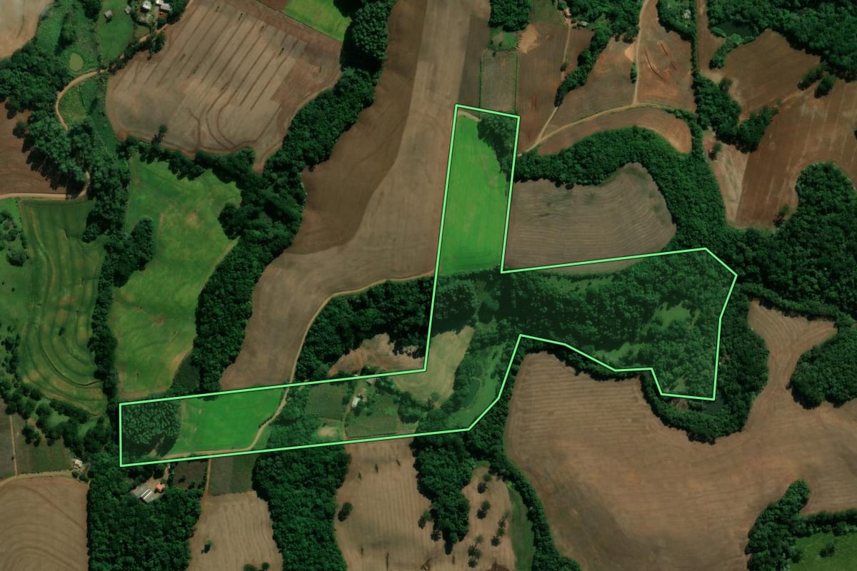 Imagem de satélite do imóvel rural em Mariópolis (PR), com o contorno declarado no CAR desenhado por cima.