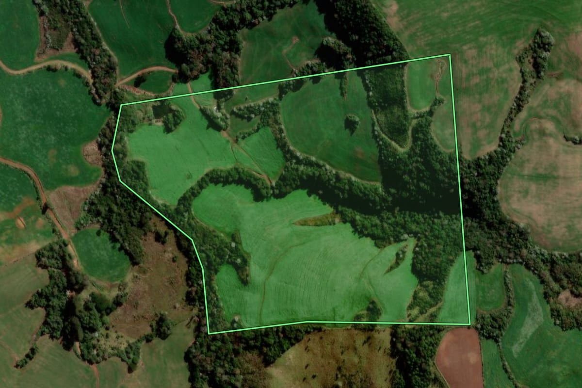Imagem de satélite do imóvel rural em Marmeleiro (PR), com o contorno declarado no CAR desenhado por cima.