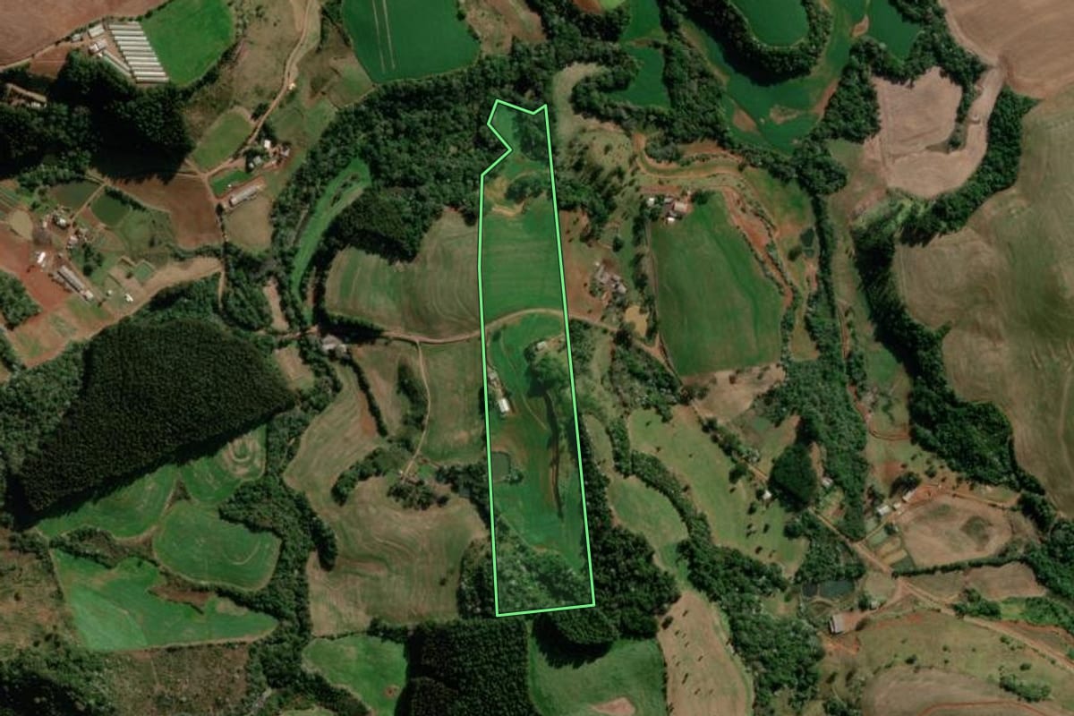 Imagem de satélite do imóvel rural em Marmeleiro (PR), com o contorno declarado no CAR desenhado por cima.