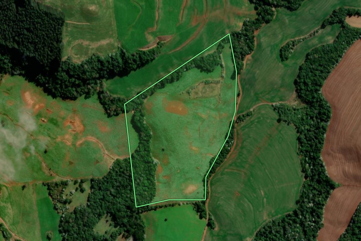Imagem de satélite do imóvel rural em Marmeleiro (PR), com o contorno declarado no CAR desenhado por cima.