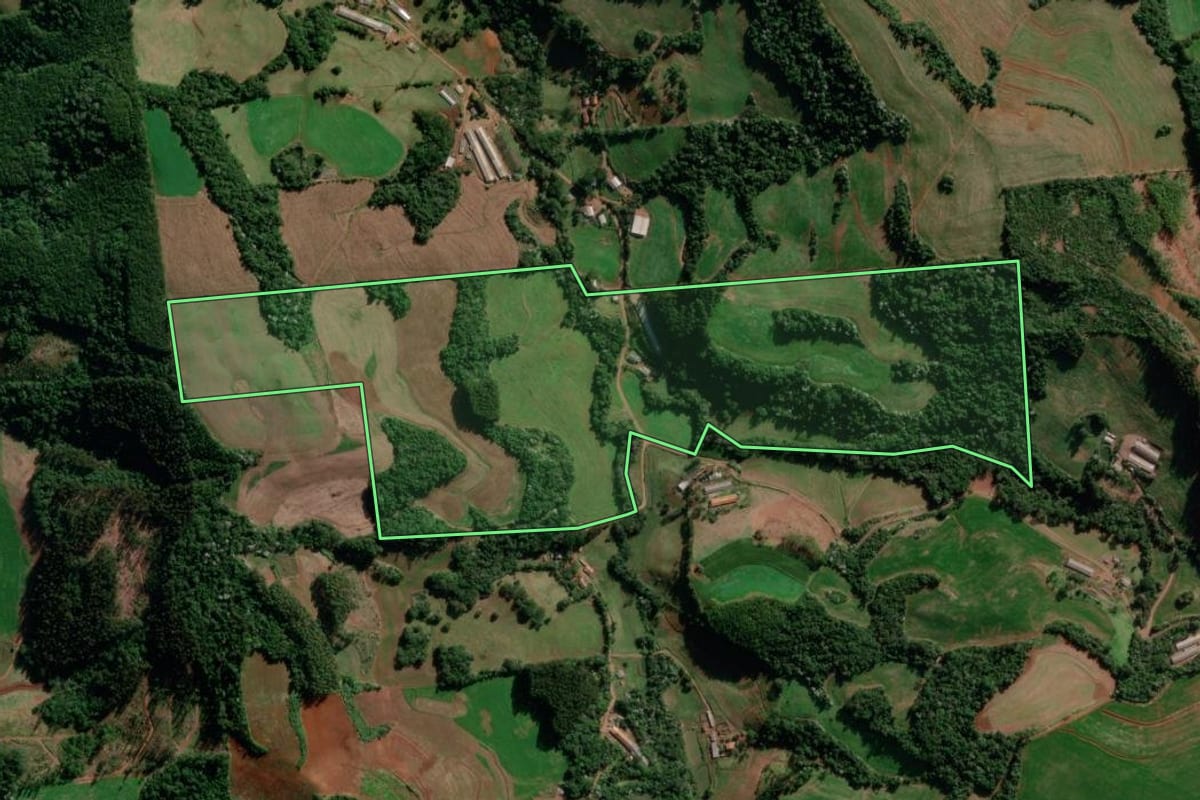 Imagem de satélite do imóvel rural em Marmeleiro (PR), com o contorno declarado no CAR desenhado por cima.