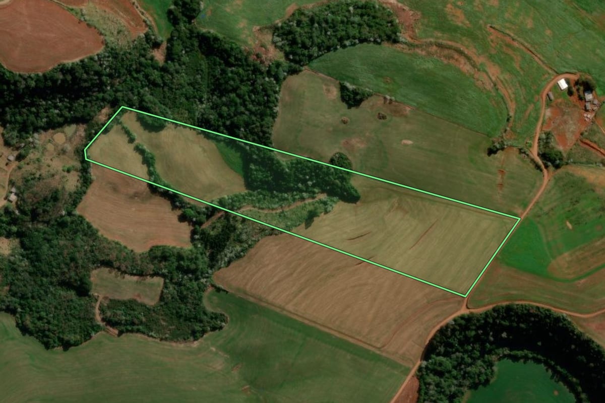 Imagem de satélite do imóvel rural em Marmeleiro (PR), com o contorno declarado no CAR desenhado por cima.