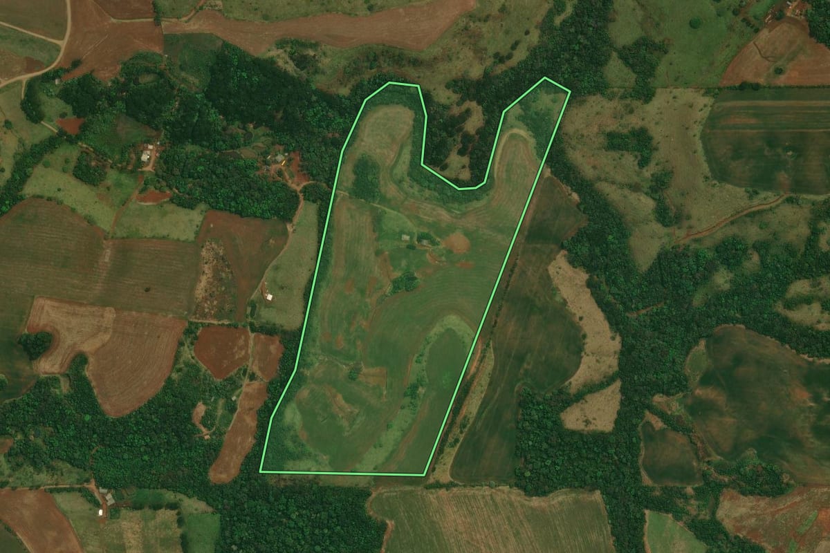Imagem de satélite do imóvel rural em Marquinho (PR), com o contorno declarado no CAR desenhado por cima.