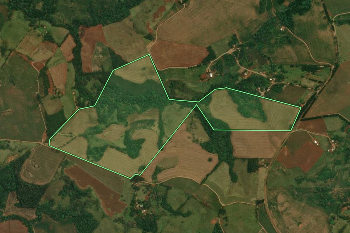 Imagem de satélite do imóvel rural em Marquinho (PR), com o contorno declarado no CAR desenhado por cima.
