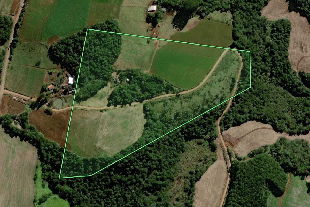 Imagem de satélite do imóvel rural em Marquinho (PR), com o contorno declarado no CAR desenhado por cima.