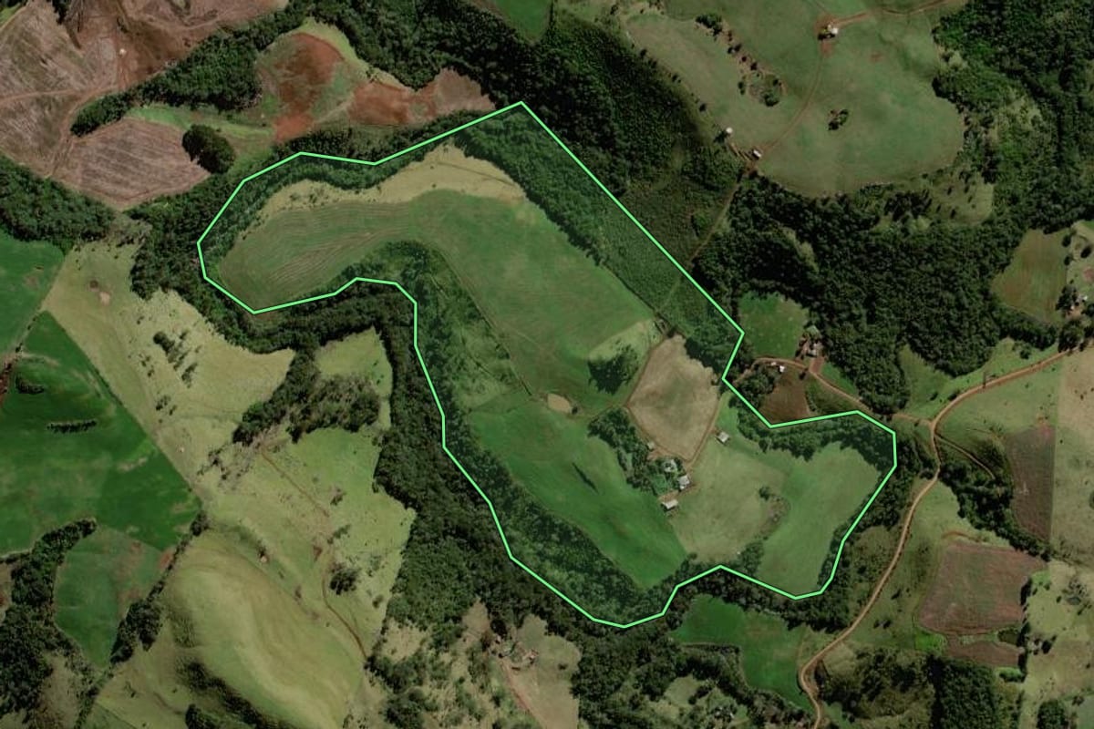 Imagem de satélite do imóvel rural em Marquinho (PR), com o contorno declarado no CAR desenhado por cima.