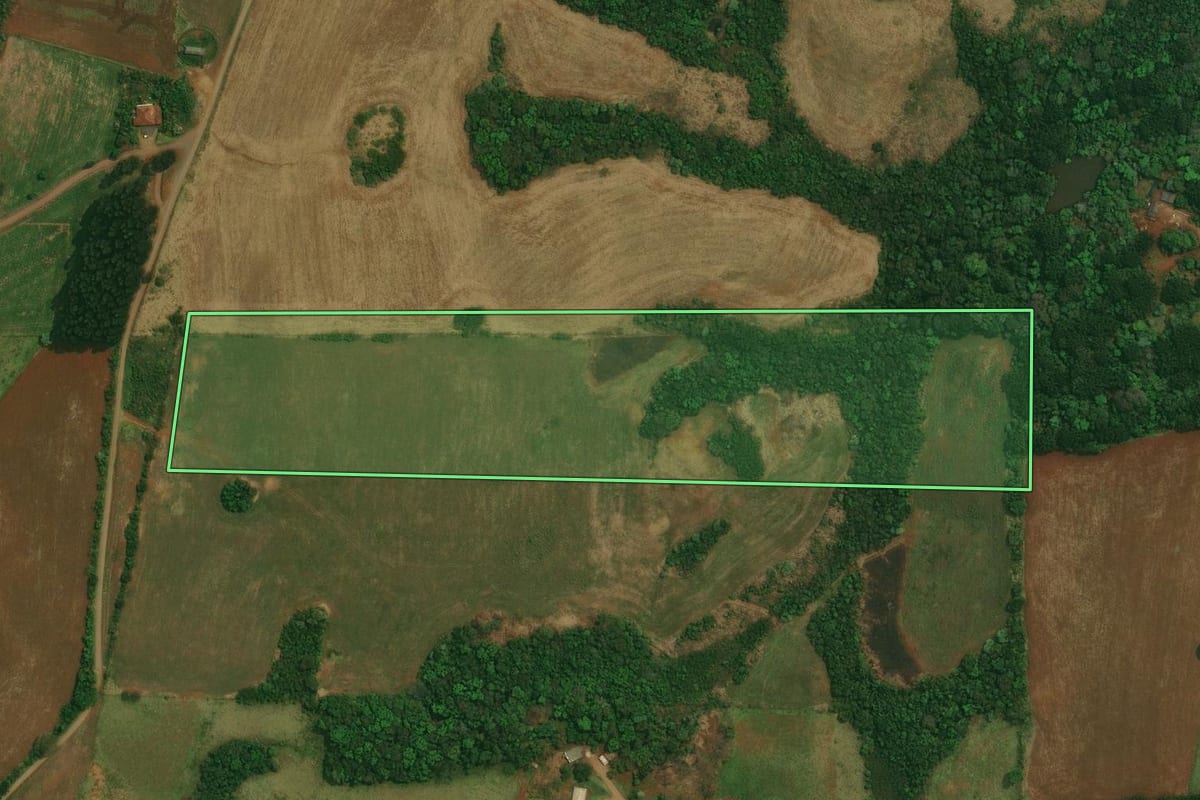Imagem de satélite do imóvel rural em Marquinho (PR), com o contorno declarado no CAR desenhado por cima.