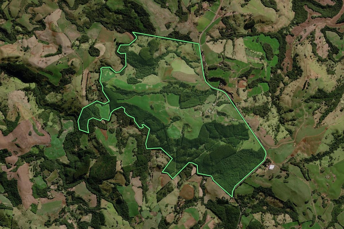 Imagem de satélite do imóvel rural em Marquinho (PR), com o contorno declarado no CAR desenhado por cima.