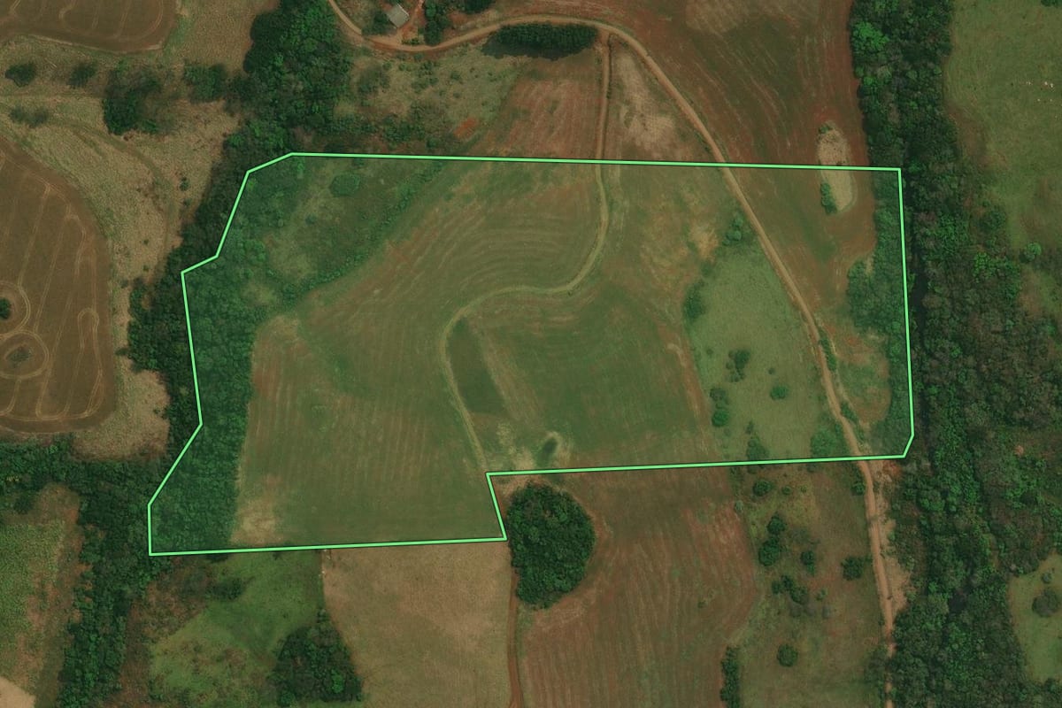 Imagem de satélite do imóvel rural em Marquinho (PR), com o contorno declarado no CAR desenhado por cima.