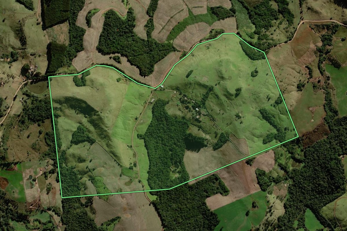 Imagem de satélite do imóvel rural em Marquinho (PR), com o contorno declarado no CAR desenhado por cima.