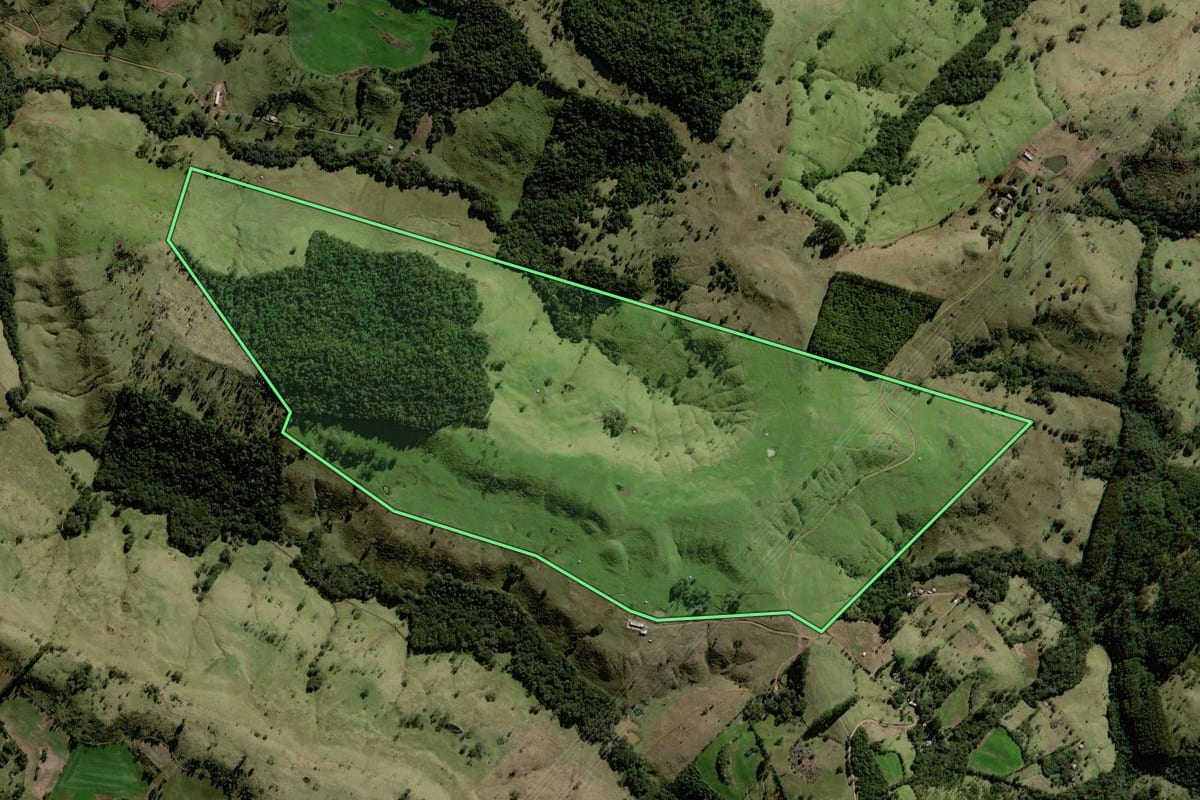 Imagem de satélite do imóvel rural em Marquinho (PR), com o contorno declarado no CAR desenhado por cima.