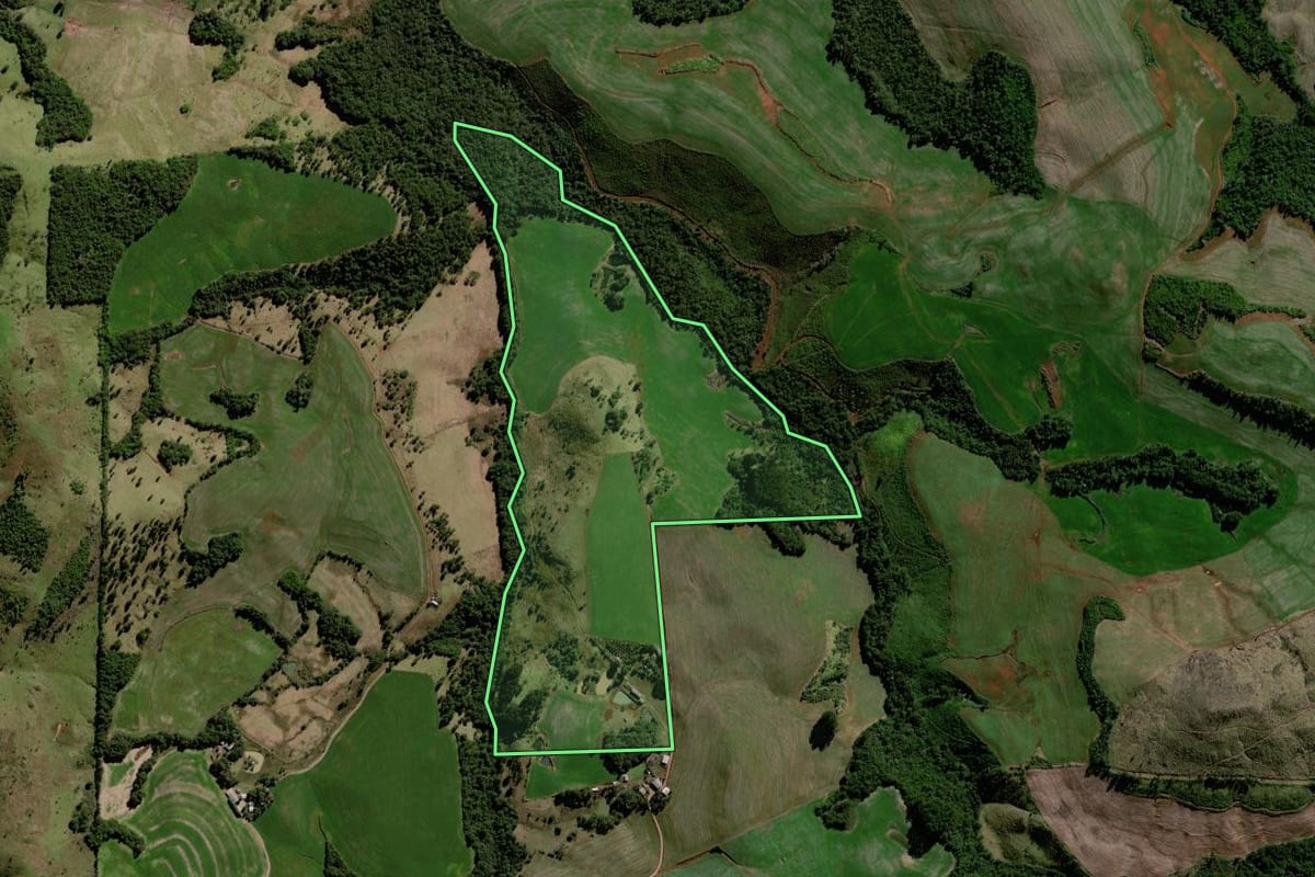 Imagem de satélite do imóvel rural em Marquinho (PR), com o contorno declarado no CAR desenhado por cima.