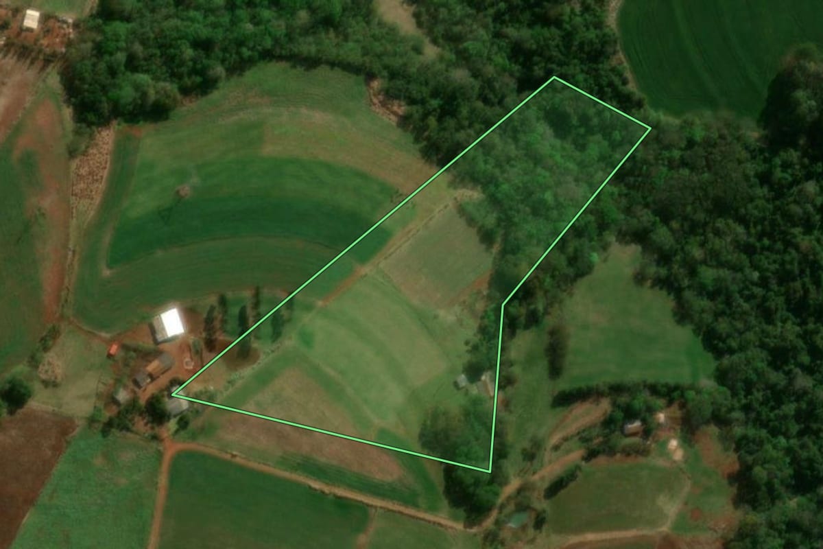 Imagem de satélite do imóvel rural em Matelândia (PR), com o contorno declarado no CAR desenhado por cima.