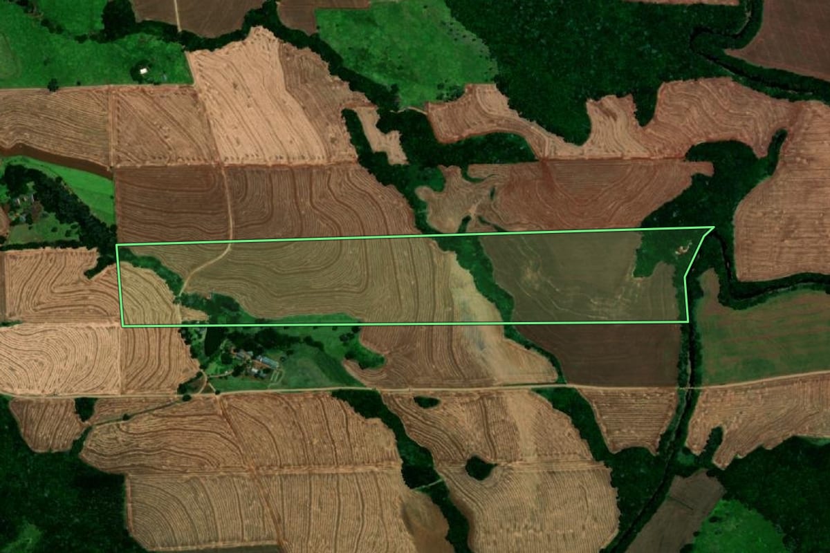 Imagem de satélite do imóvel rural em Matelândia (PR), com o contorno declarado no CAR desenhado por cima.
