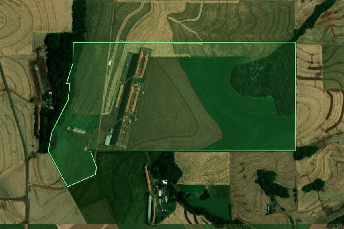Imagem de satélite do imóvel rural em Matelândia (PR), com o contorno declarado no CAR desenhado por cima.
