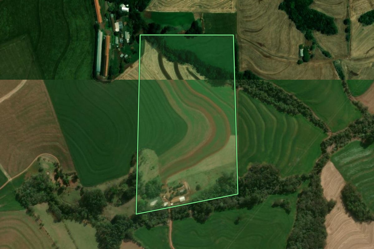Imagem de satélite do imóvel rural em Matelândia (PR), com o contorno declarado no CAR desenhado por cima.