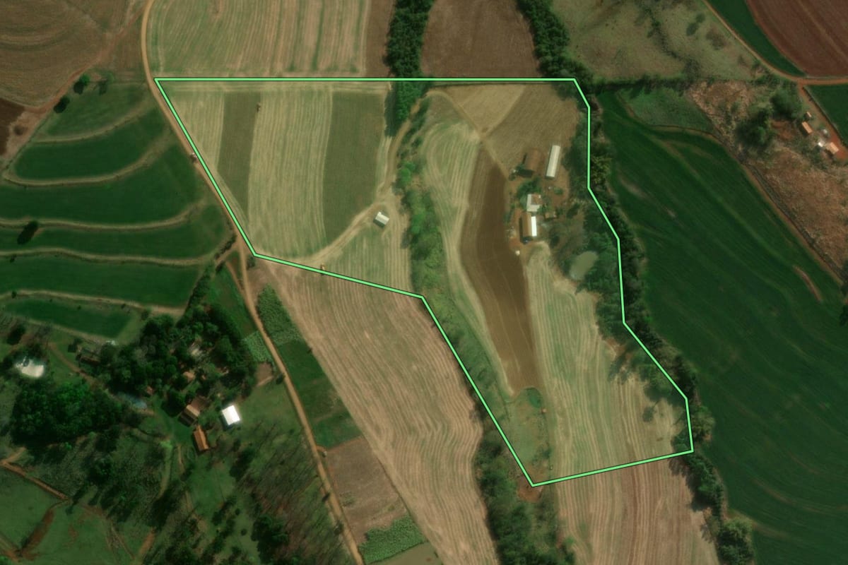 Imagem de satélite do imóvel rural em Matelândia (PR), com o contorno declarado no CAR desenhado por cima.