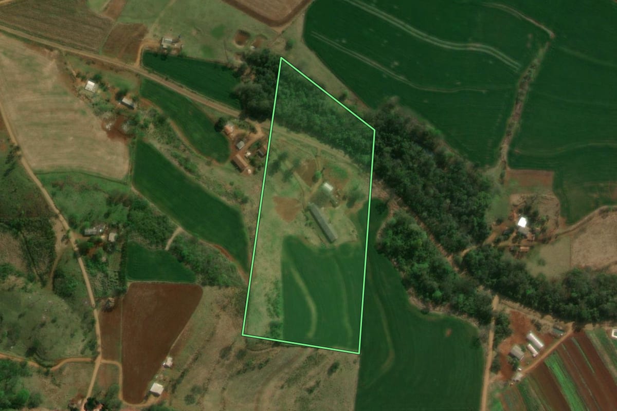 Imagem de satélite do imóvel rural em Matelândia (PR), com o contorno declarado no CAR desenhado por cima.