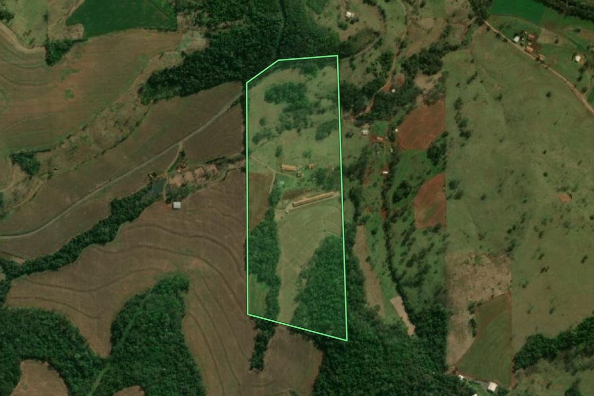 Imagem de satélite do imóvel rural em Matelândia (PR), com o contorno declarado no CAR desenhado por cima.