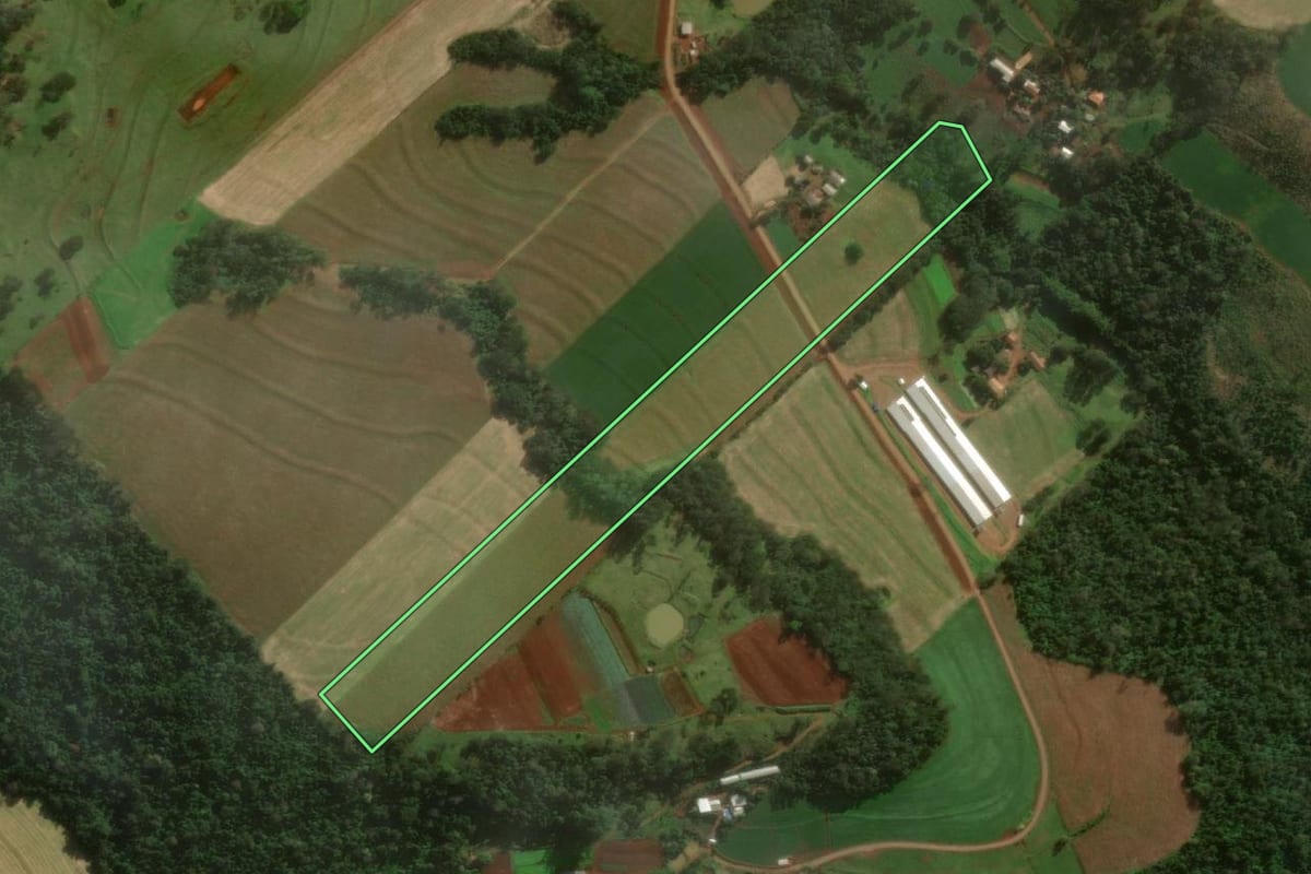Imagem de satélite do imóvel rural em Matelândia (PR), com o contorno declarado no CAR desenhado por cima.