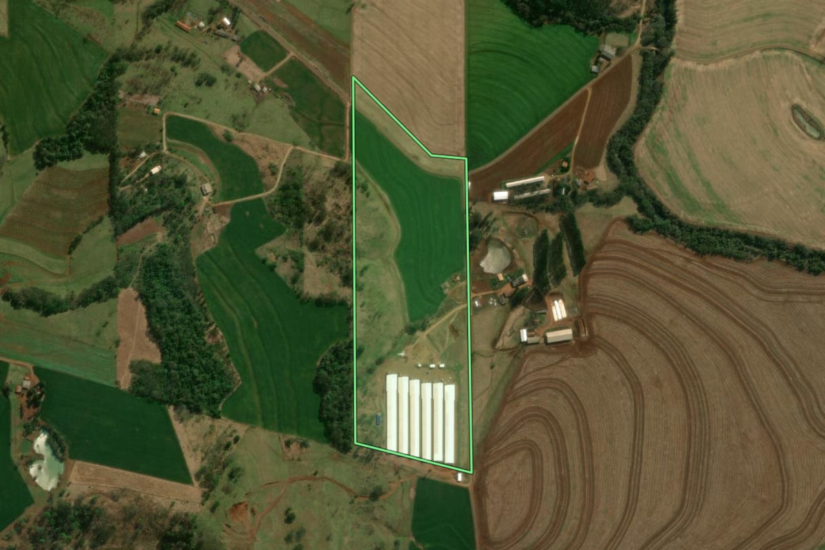 Imagem de satélite do imóvel rural em Matelândia (PR), com o contorno declarado no CAR desenhado por cima.