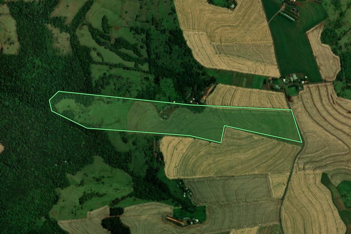 Imagem de satélite do imóvel rural em Matelândia (PR), com o contorno declarado no CAR desenhado por cima.