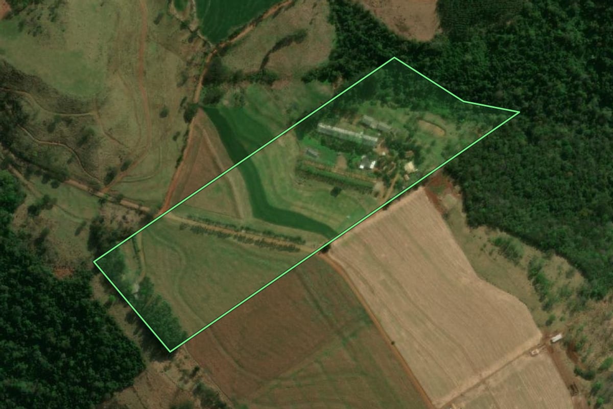 Imagem de satélite do imóvel rural em Matelândia (PR), com o contorno declarado no CAR desenhado por cima.