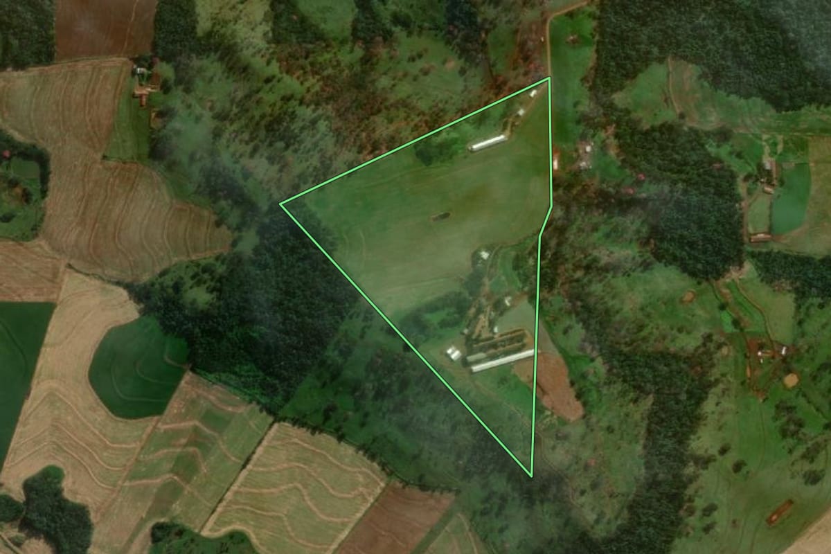 Imagem de satélite do imóvel rural em Matelândia (PR), com o contorno declarado no CAR desenhado por cima.