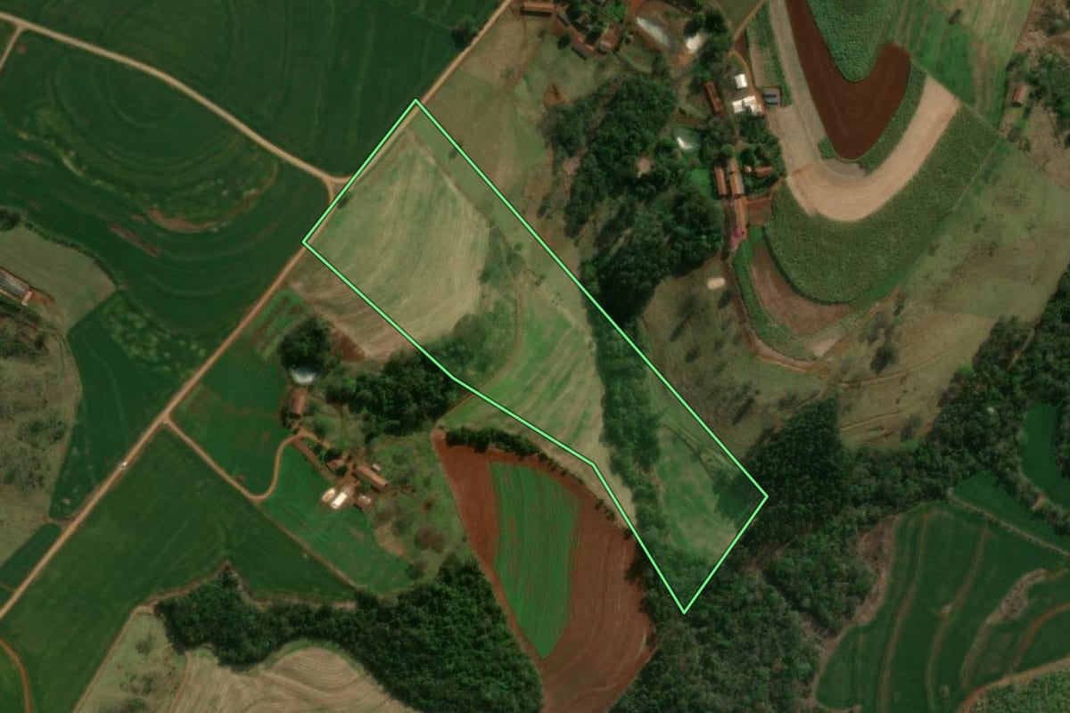Imagem de satélite do imóvel rural em Matelândia (PR), com o contorno declarado no CAR desenhado por cima.