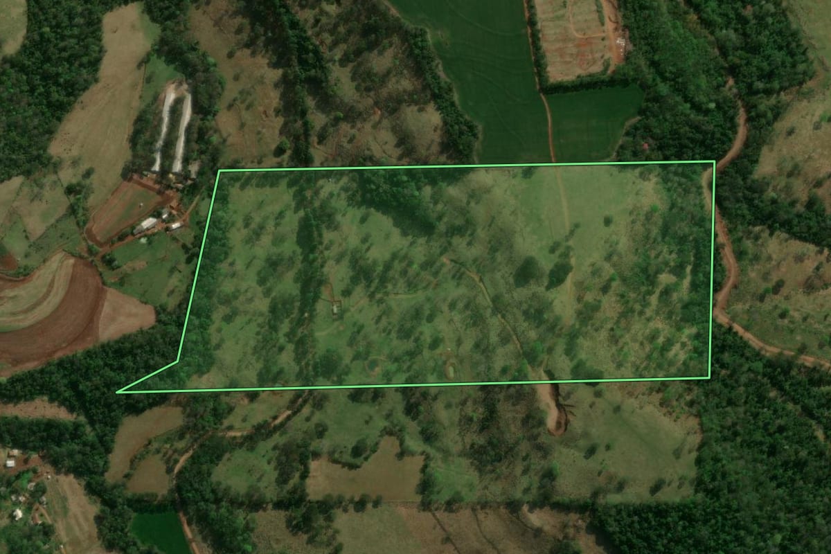 Imagem de satélite do imóvel rural em Matelândia (PR), com o contorno declarado no CAR desenhado por cima.