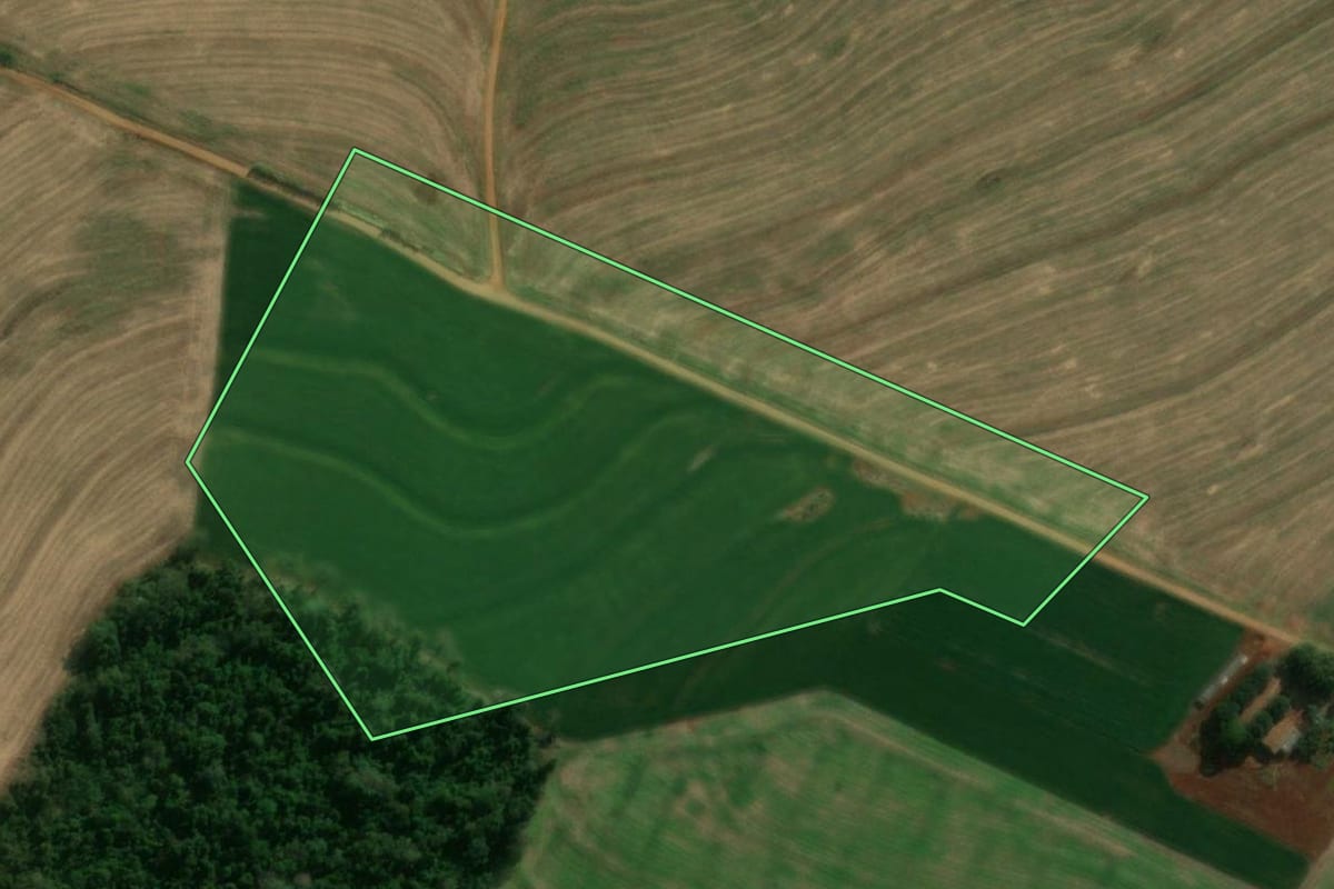 Imagem de satélite do imóvel rural em Matelândia (PR), com o contorno declarado no CAR desenhado por cima.