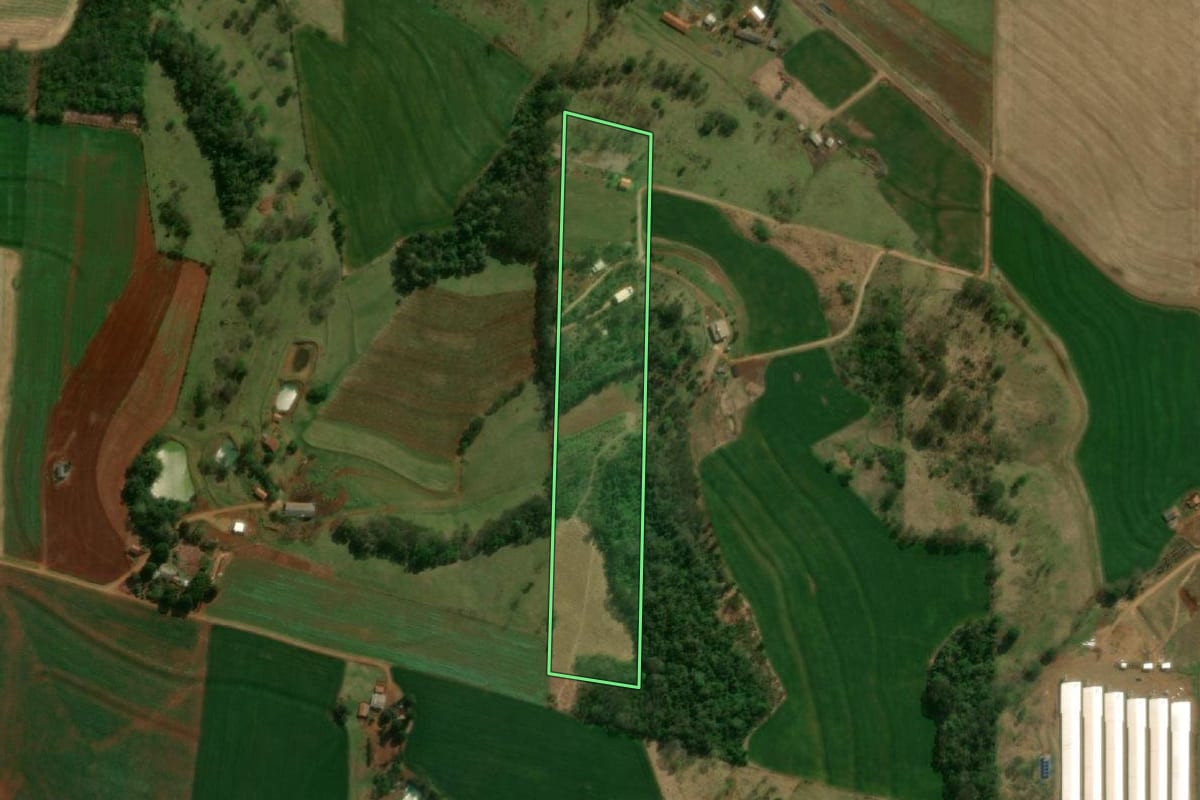Imagem de satélite do imóvel rural em Matelândia (PR), com o contorno declarado no CAR desenhado por cima.