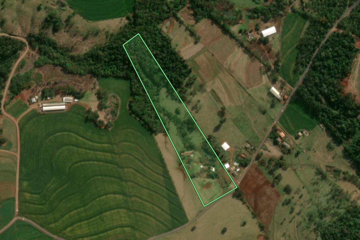 Imagem de satélite do imóvel rural em Matelândia (PR), com o contorno declarado no CAR desenhado por cima.
