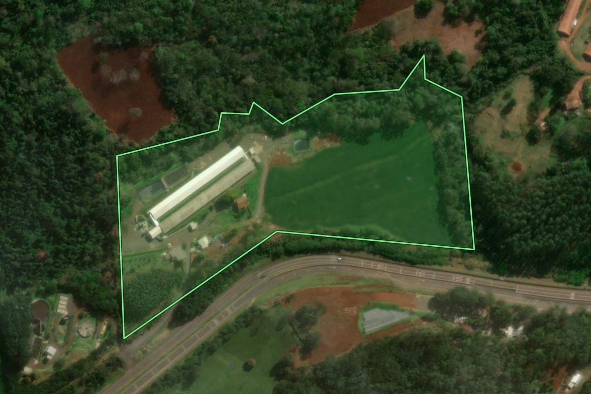 Imagem de satélite do imóvel rural em Matelândia (PR), com o contorno declarado no CAR desenhado por cima.