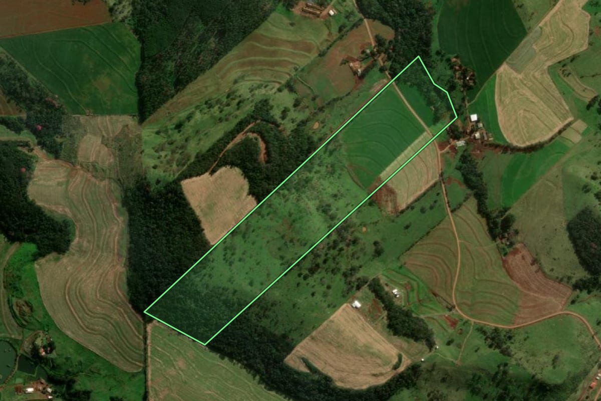 Imagem de satélite do imóvel rural em Matelândia (PR), com o contorno declarado no CAR desenhado por cima.