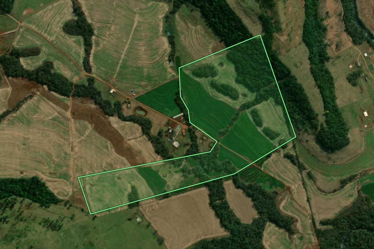 Imagem de satélite do imóvel rural em Matelândia (PR), com o contorno declarado no CAR desenhado por cima.