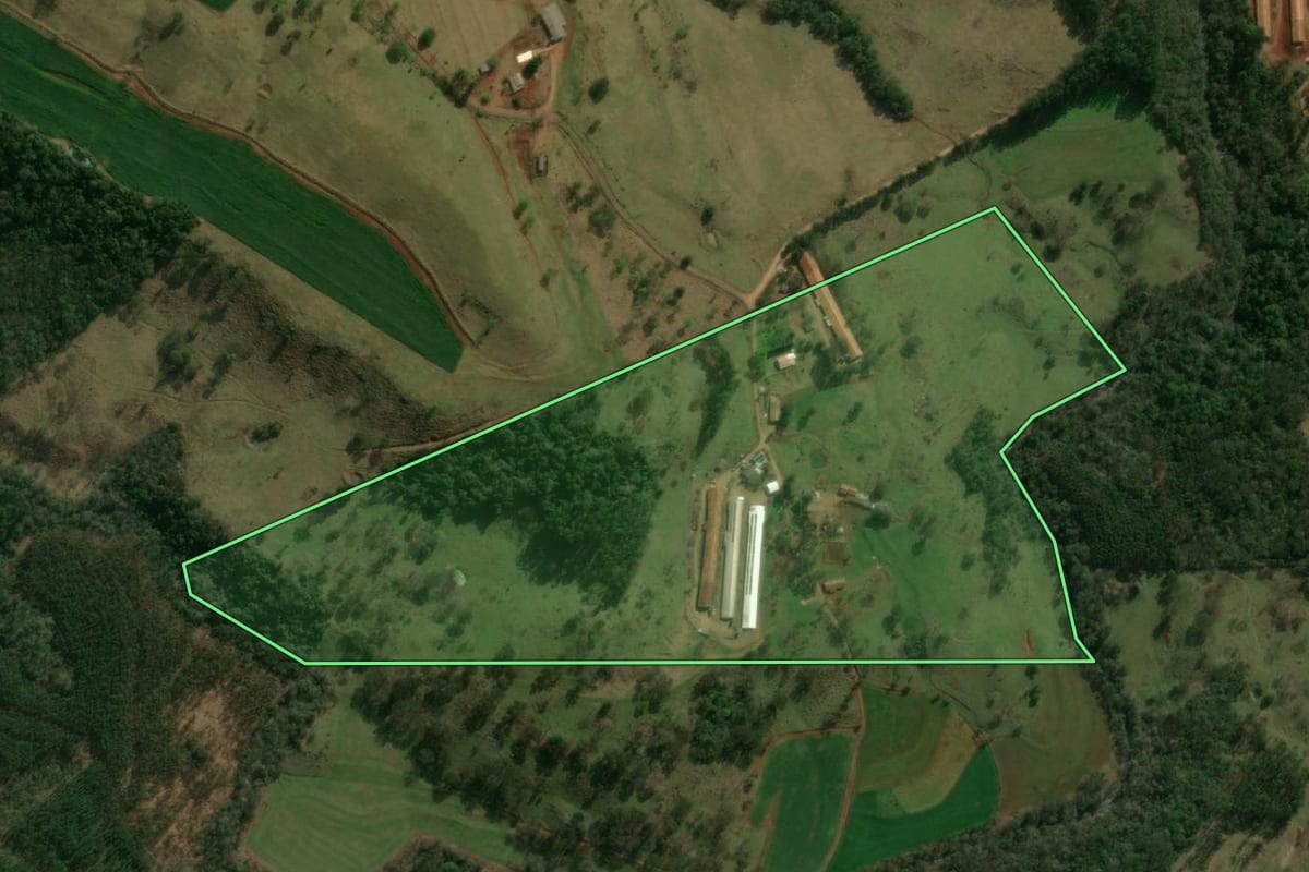 Imagem de satélite do imóvel rural em Matelândia (PR), com o contorno declarado no CAR desenhado por cima.