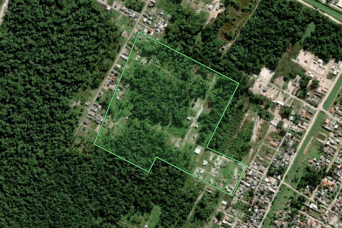 Imagem de satélite do imóvel rural em Matinhos (PR), com o contorno declarado no CAR desenhado por cima.