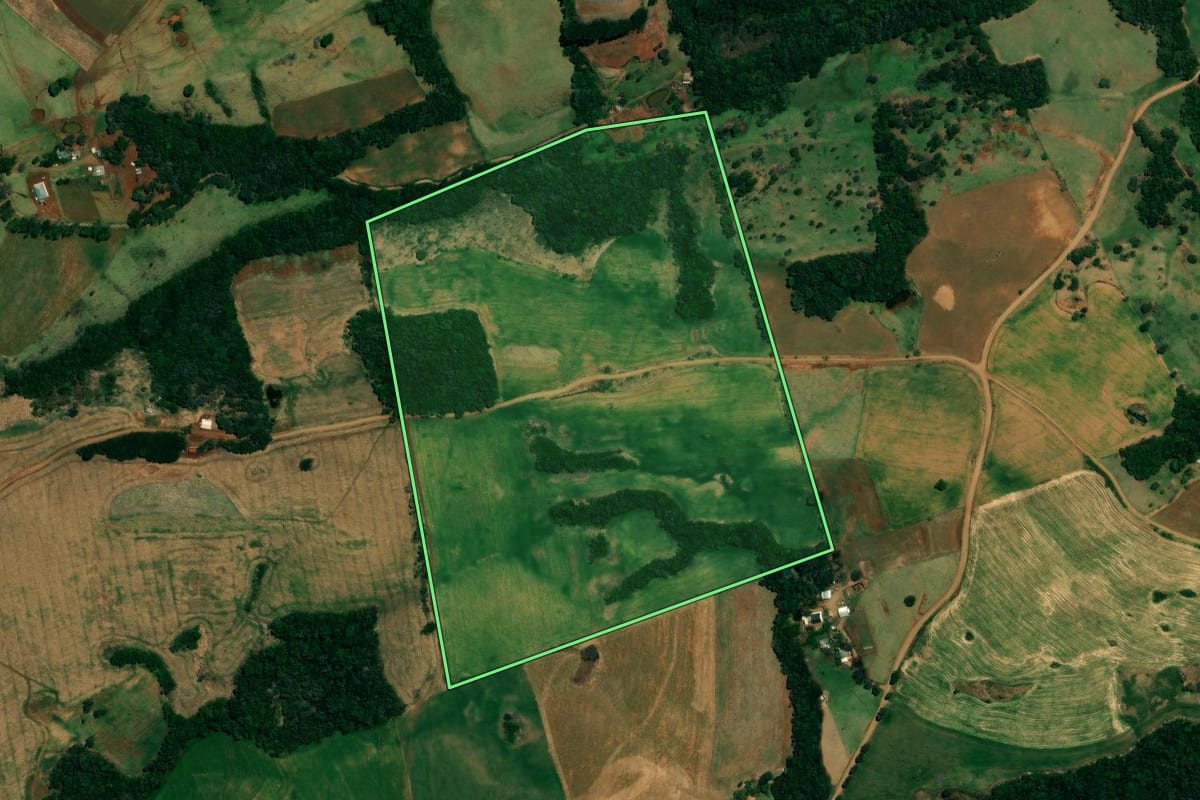 Imagem de satélite do imóvel rural em Mato Rico (PR), com o contorno declarado no CAR desenhado por cima.