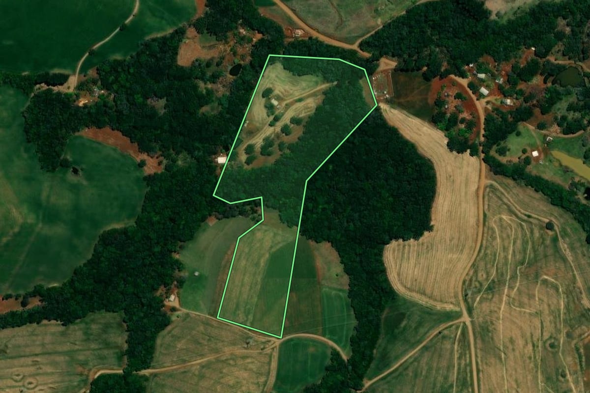 Imagem de satélite do imóvel rural em Mato Rico (PR), com o contorno declarado no CAR desenhado por cima.