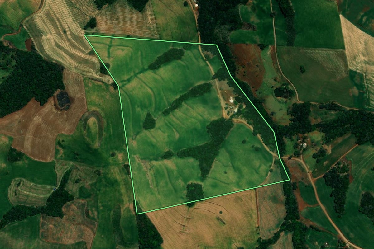 Imagem de satélite do imóvel rural em Mato Rico (PR), com o contorno declarado no CAR desenhado por cima.