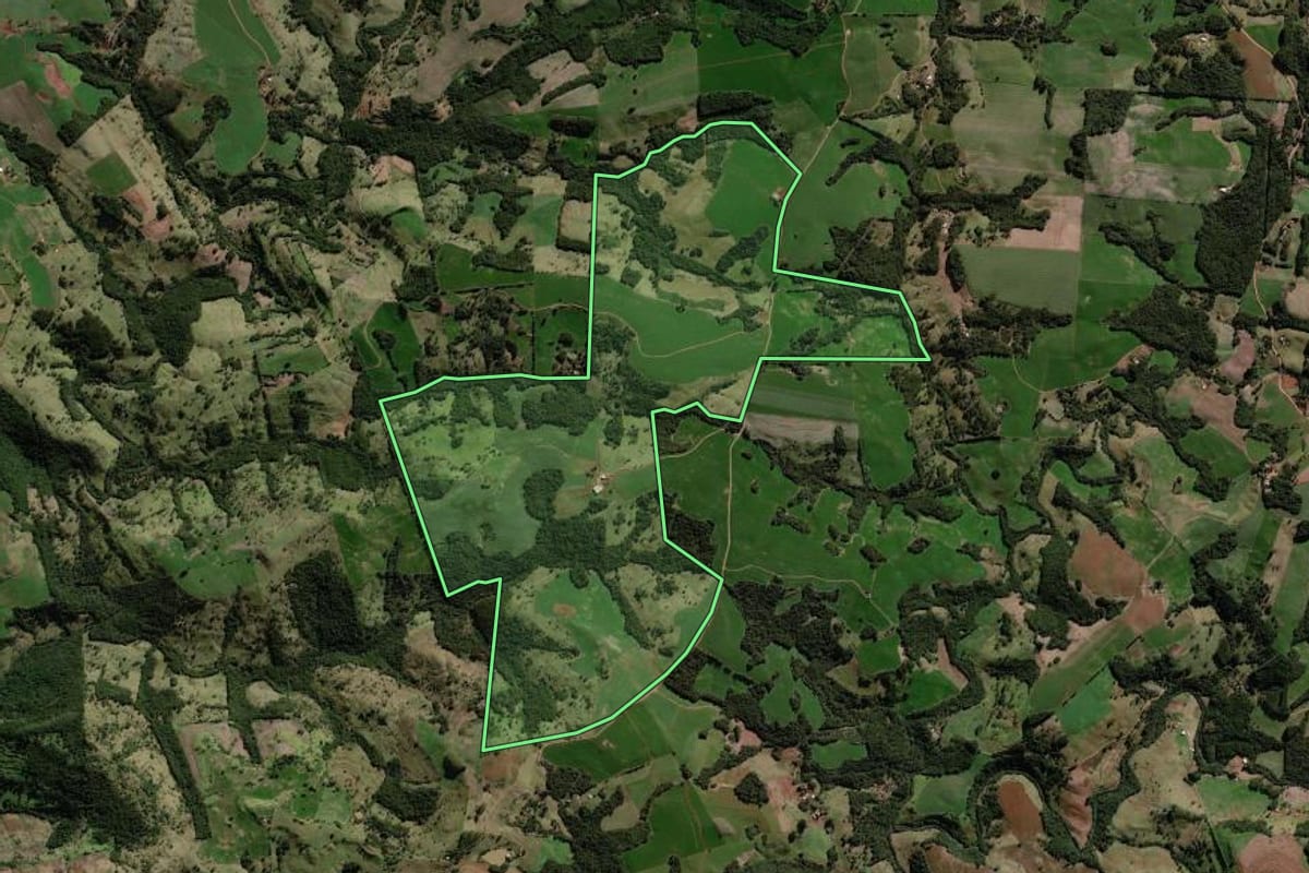 Imagem de satélite do imóvel rural em Mato Rico (PR), com o contorno declarado no CAR desenhado por cima.