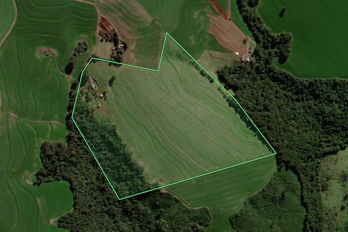 Imagem de satélite do imóvel rural em Mato Rico (PR), com o contorno declarado no CAR desenhado por cima.